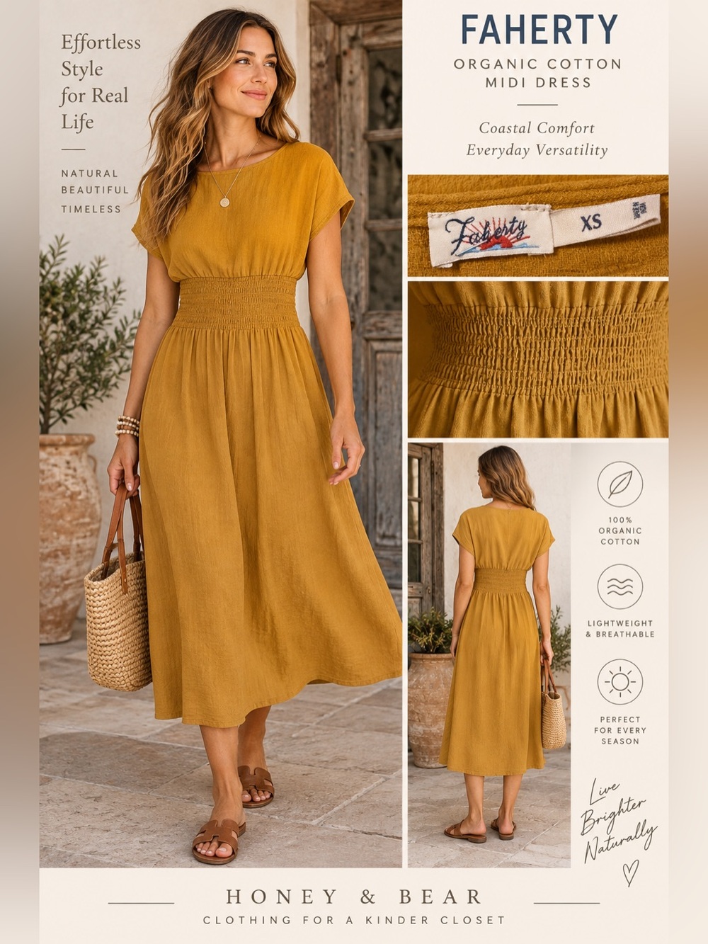 Faherty Mustard Organic Cotton Smocked Waist Midi Dress Size XS
